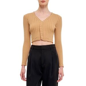 Endless Rose NWT Camel Ribbed Ruffle Trim Cropped Knit Sweater Size Small